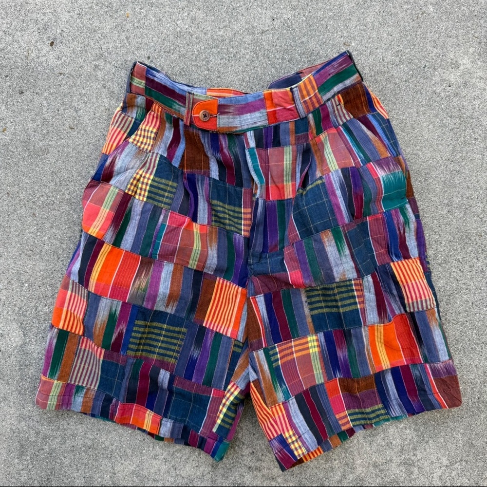 Vintage patchwork colorful plaid flat front shorts Size 29 preloved Bermuda
